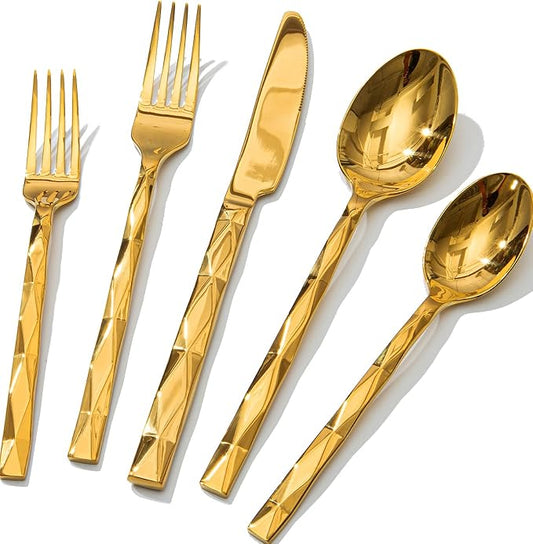KINGSTONE Gold Silverware Set, Luxury 20 Piece Flatware Set for 4, 18/10 Stainless Steel Cutlery Set with Diamond Cut Pattern for Kitchen, Home, Wedding, Party, Mirror Polished and Dishwasher Safe