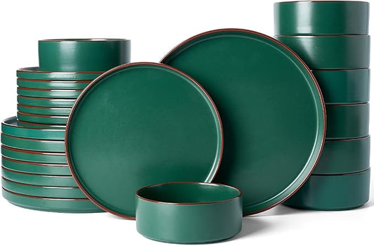 Famiware Nebula Ridge Stoneware Dinnerware Sets for 8, 24 Pieces Plates and Bowls Sets, Dishes Set, Microwave and Dishwasher Safe Kitchen Plates, Dark Green