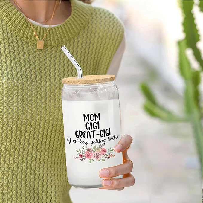 Christmas Grandma Gifts For Mom Gigi Great Gigi Glass Coffee Cup With Lid And Straws 14oz - christmas Glass Cup gifts For Grandmother