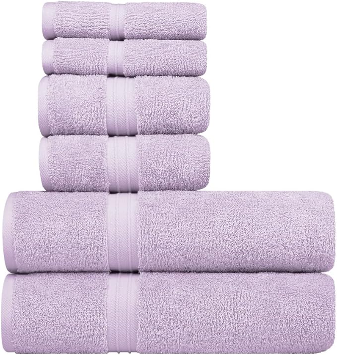 6 Piece Bathroom Towel Set - 100% Cotton & Decorative - Cute, Luxury, Fluffy Include 2 Bath Towels (28" x 56"), 2 Hand Towel for Bathroom (16"x28") and 2 Wash Cloths (12"x12") - Lilac