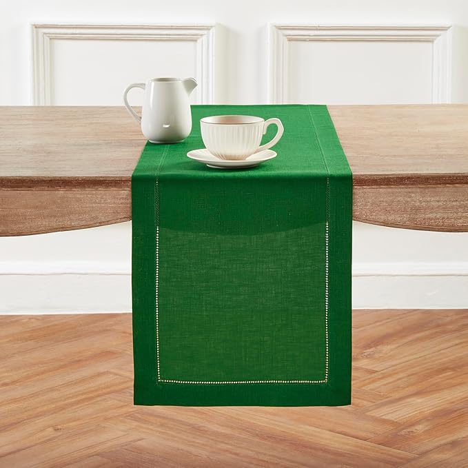 Solino Home Linen Table Runner 60 Inches - 100% Pure Linen Garden Green Hemstitch Table Runner 14 x 60 Inch Ideal for Dresser and Coffee Tables - Classic Hemstitch - Winter, New Year