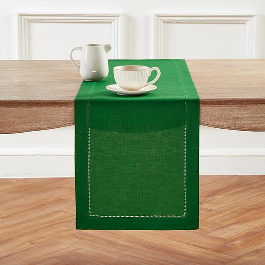 Solino Home Linen Table Runner 60 Inches - 100% Pure Linen Garden Green Hemstitch Table Runner 14 x 60 Inch Ideal for Dresser and Coffee Tables - Classic Hemstitch - Winter, New Year