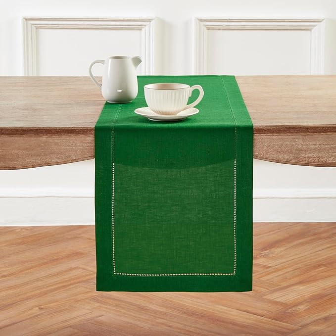 Solino Home Linen Garden Green Table Runner 108 Inches Long - 100% Pure Linen Hemstitch 14 x 108 Inch Table Runner for Dining, Winter, New Year - Classic Hemstitch