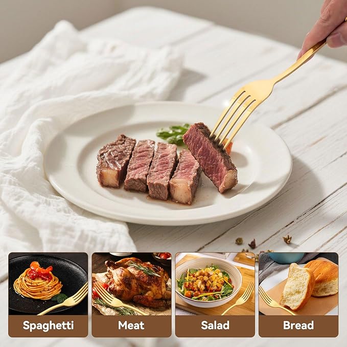 16 Piece Gold Dinner Forks Set 8 Inch Food-Grade Stainless Steel Silverware Forks Cutlery Forks for Home Kitchen or Restaurant Mirror Polished Dishwasher Safe (Gold)