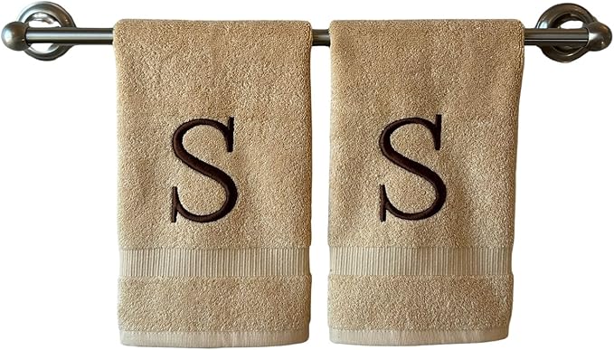 Beige Initial Hand Towel for Bathroom - Monogrammed Luxury Hotel Quality Decorative Embroidered Towel for Powder Room, Spa - GOTS Organic Certified - Set of 2 Brown Letter S