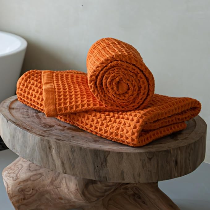 Luxury Organic Japanese Cotton Waffle Bath Towel | Thick, Absorbent, Quick Dry Bathroom Towels for Shower, Sauna, Onsen| Hotel & Spa Quality, Gift-Ready (Coral Orange, Bath Towel (Set of 2))