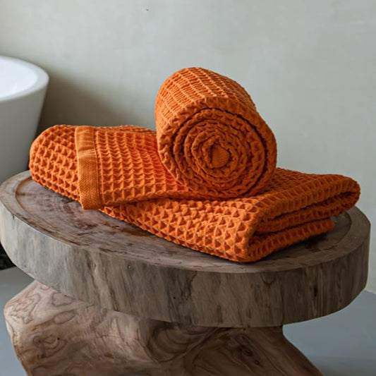 Luxury Organic Japanese Cotton Waffle Bath Towel | Thick, Absorbent, Quick Dry Bathroom Towels for Shower, Sauna, Onsen| Hotel & Spa Quality, Gift-Ready (Coral Orange, Bath Towel (Set of 2))