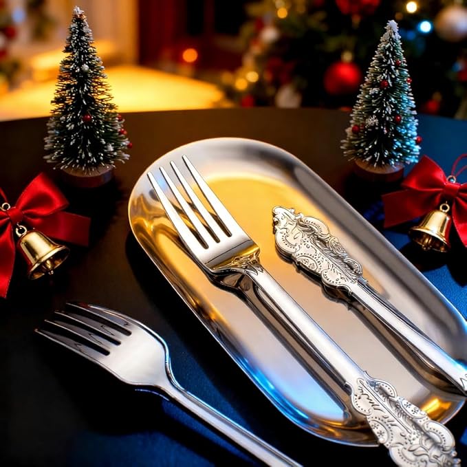 WDF 100 Piece Silver Forks Disposable - 7.48 Inch Silver Plastic Forks - Baroque Silverware for Dessert Cake - Heavy Duty Plastic Fork for Christmas Party, Wedding or Daily Using