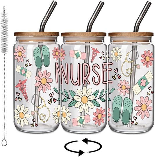Funny Nurse Glass Cup Gifts for Birthday Graduation, Nurse Practitioner Gifts, Unique Boho Floral Glass Cup Gift 16oz