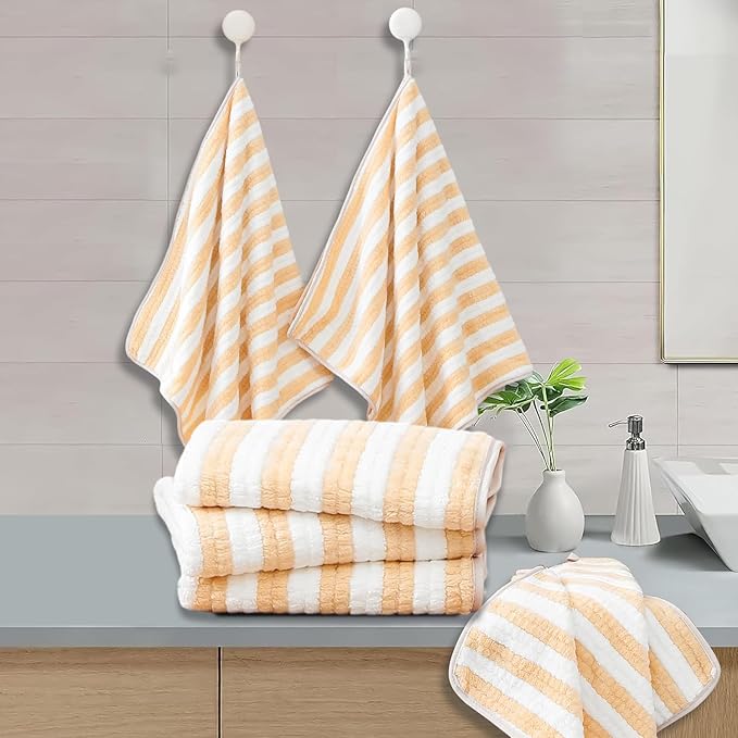 18-Piece Microfiber Bath Towels Set - 6 Bath Sheet, 6 Hand Towels, 6 Washcloths, Soft, Highly Absorbent Bathroom Towel, Quick Dry & Less Lint Shower towel for Bathroom, Hotel, Spa, Dorm-Apricot Yellow