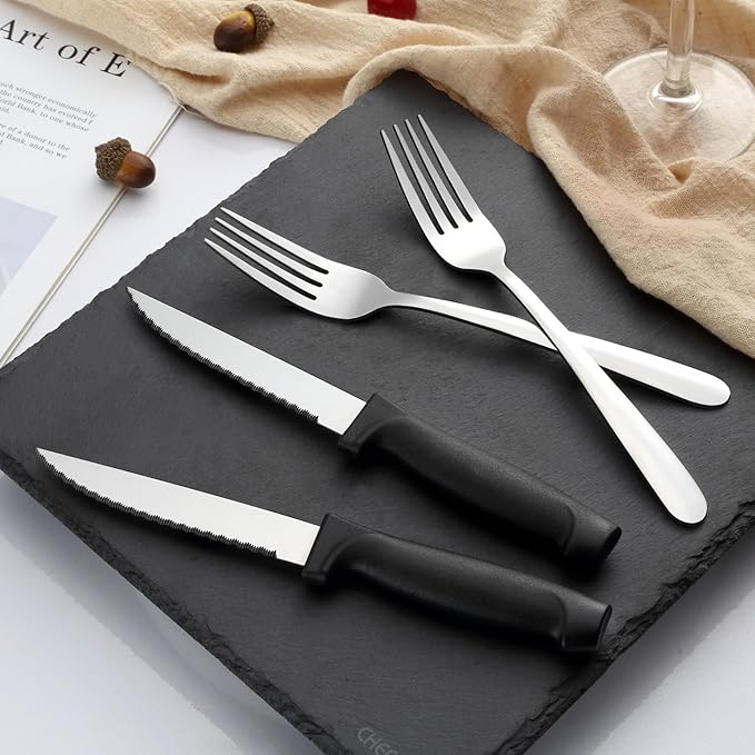 Pleafind 16-Pcs Steak Knives, 8.5 Inch Serrated Knives, Stainless Steel Steak Knives, Meat Knife for Table, Elegant Black Steak Knife Set for Home, Kitchen, Restaurant, Dishwasher Safe