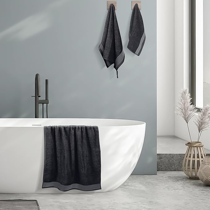 Belizzi Home Ultra Soft 3 Pack Cotton Towel Set, Contains a Bath Towel 28x55 inch, a Hand Towel 16x24 inch & a Wash Coth 12x12 inch, Ideal Everyday use, Compact & Lightweight -Black