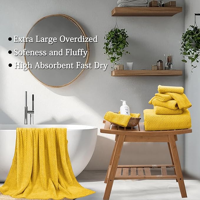 Hailea 8-Piece Yellow Bath Towels Set,2 Oversized Large Bath Towels Sheet,2 Hand Towels and 4 Washcloths - 600 GSM Soft Luxury Towel Set,Highly Absorbent Quick Dry Towel for Bathroom,Hotel and Spa