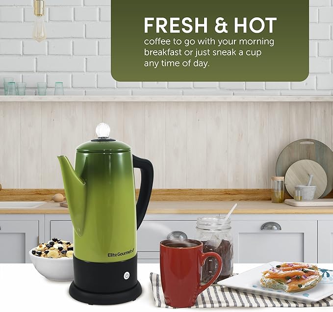 Elite Gourmet EC812G Vintage 50’s Electric Coffee Percolator Clear Brew Progress Knob Cool-Touch Handle Cord-less Serve, 12-Cup, Retro Green