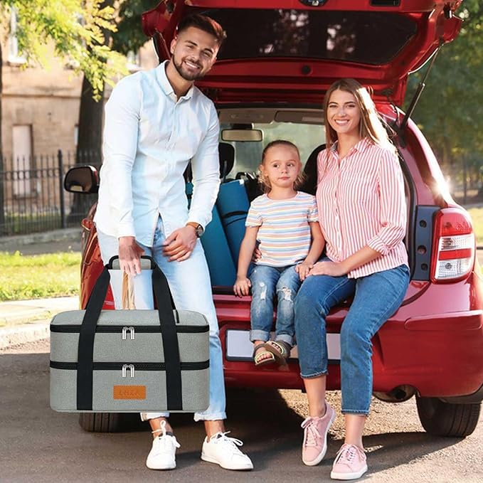 LHZK Double Insulated Casserole Carrier for Hot or Cold Food, Lasagna Holder Tote for Potluck Parties, Beach, Picnic, Travel, Fits 11x15 or 9x13 Dish (Grey)