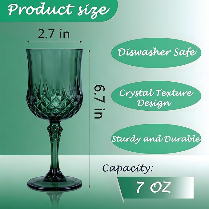 Plastic Wine Glasses，Plastic Goblets Vintage Style Cordial Drinking Glasses for Wedding Reception, Christmas Grand Event Party Supplies (48, Green)
