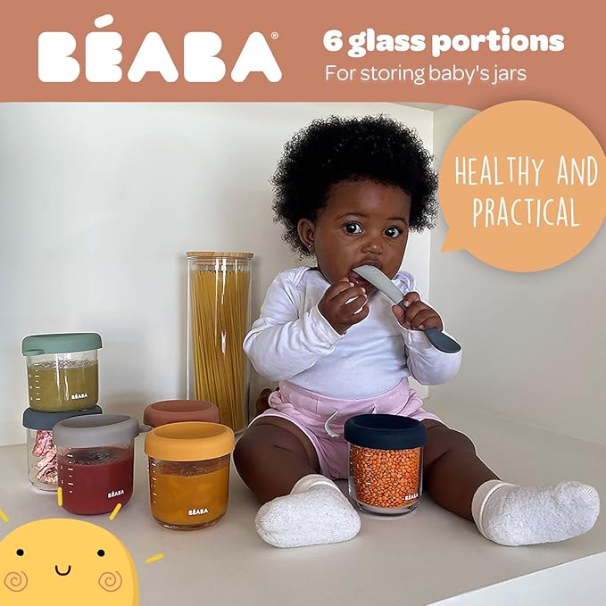 BEABA 6 Pack Glass Baby Food Jars with Soft Silicone Air Tight Lids, 8 oz Glass Storage Containers with Lids, Microwave and Freezer Safe Containers, Sunrise