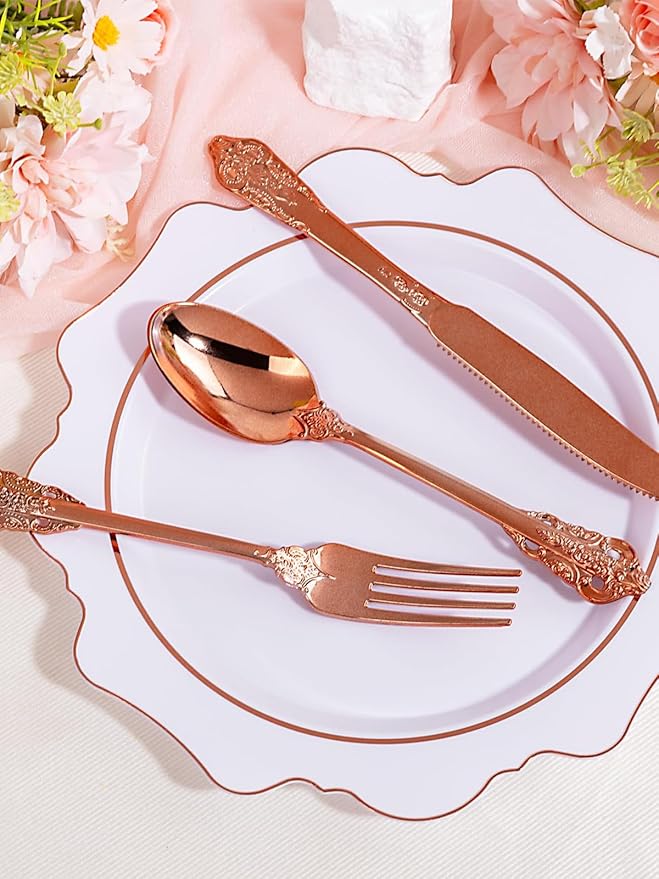 WDF 120Pieces Rose Gold Plastic Silverware - Heavy Duty Rose Gold Plastic Cutlery Set - Disposable Utensils - Flatware Includes 40 Forks, 40 Spoons, 40 Knives for Wedding, Valentines Day