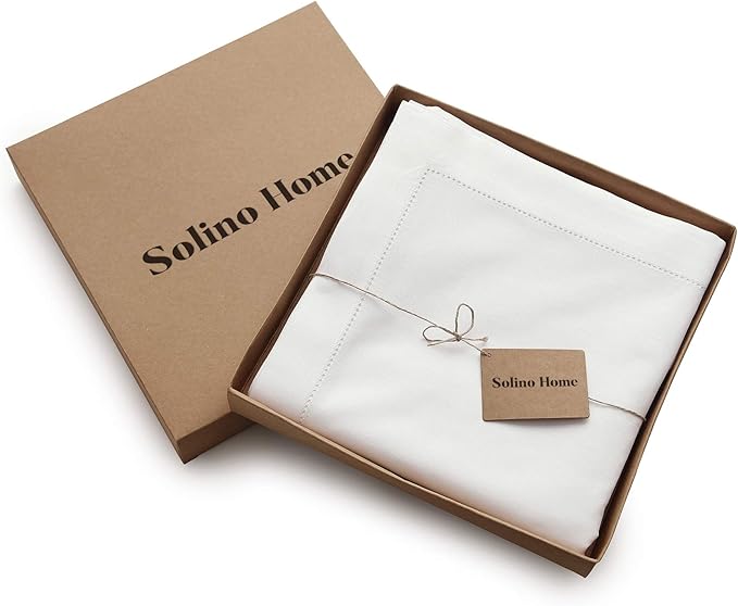 Solino Home White Tablecloth 54 x 72 Inch - Cotton Linen Hemstitch Rectangular Tablecloth - Machine Washable Table Cloth for Winter, Valentines, Holiday, New Year