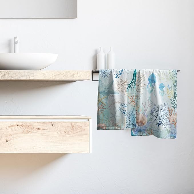 Imiss Nautical Coastal Starfish Bathroom Towels 14.4 x 28.3 Inch Ocean Themed Seashell Coral Decorative Soft Small Bath Fingertip Towels Set of 2 for Home Kitchen Hotel Decor
