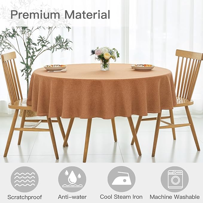 maxmill Fall Round Tablecloth Linen Texture Stain Resistant Waterproof Anti-Shrink Spillproof Washable Soft Table Cloth for Dining Room, Farmhouse Harvest Thanksgiving Holiday Party, 70 Inch, Amber