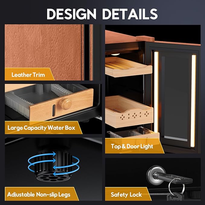 Tylza Leather Trim Cigar Humidor, 35L Cigar Humidor Cabinet with Auto Humidity & Temp Control, 300 Counts, 3 LED Lights, Spanish Cedar Wood, Cigar Humidors with Safety Lock, Gifts for Men