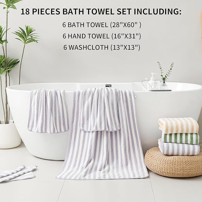 18-Piece Microfiber Bath Towels Set - 6 Bath Sheet, 6 Hand Towels, 6 Washcloths, Soft, Highly Absorbent Bathroom Towel, Quick Dry & Less Lint Shower towel for Bathroom, Hotel, Spa, Dorm-Light Purple