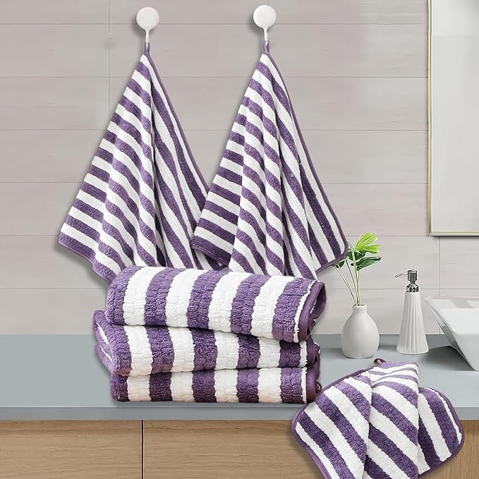 18-Piece Microfiber Bath Towels Set - 6 Bath Sheet, 6 Hand Towels, 6 Washcloths, Soft, Highly Absorbent Bathroom Towel, Quick Dry & Less Lint Shower towel for Bathroom, Hotel, Spa, Dorm-Dark Purple