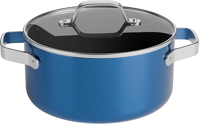 Bakken 16 Quart Ceramic Coated Stock Pot with Lid, Easy Clean Nonstick Pot, Tempered Glass Lid, Riveted Stainless Steel Handles, Oven Safe Up To 500°F, PTFE & PFAS Free, All Stove Compatible, Blue