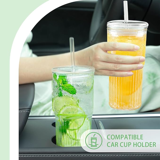 Glass Cups with Lids and Glass Straws, High Borosilicate 20OZ Tumblers (2Pcs) for Coffee, Tea, Juice, Smoothies, Hot/Cold Drinks at Home, Office（Christmas Creative Drink Label Design）