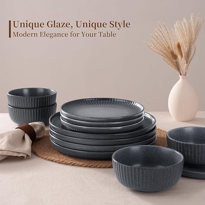 Famiware Starlight Plates and Bowls Dishes Set of 4 (12 Pieces), Ribbed Textured Stoneware Dinnerware Sets- Dishwasher & Microwave Safe, Chip Resistant, Matte Midnight Grey