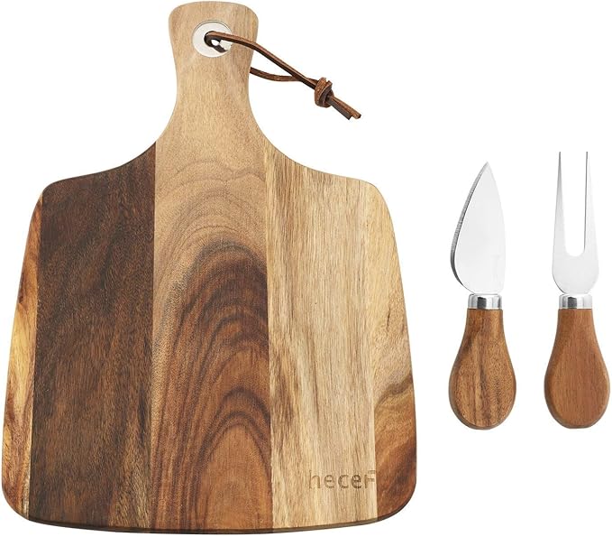hecef Cheese Board set of 3,a Acacia Wood Cheese Plate, a Knife, a Fork, Charcuterie Board Platter Slate Serving Set for Appetizer Birthdays, Weddings, Housewarming (Cheese board with 2 knives)