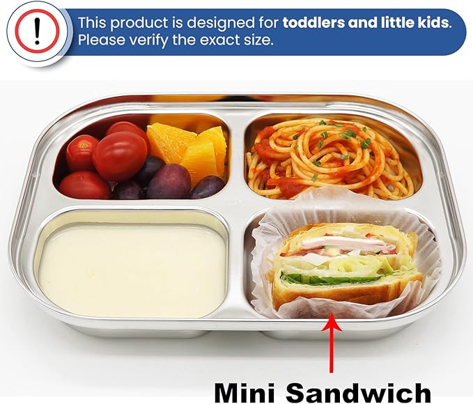 Korean Stainless Steel Divided Plates by KS&E, Little Kids Toddlers Babies Tray, BPA Free, Diet Food Control, Compact Serving Platter, Dinner Snack, 4 Compartment Plate Silver, Set of 2