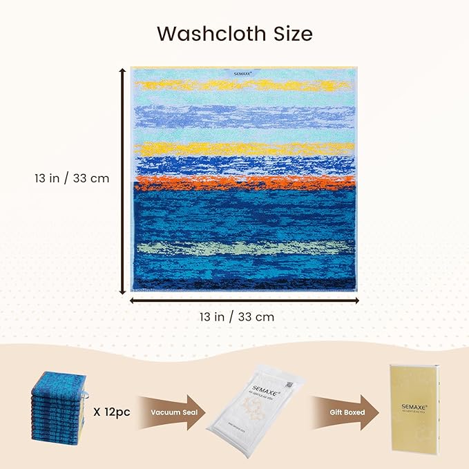 SEMAXE 100% Cotton Washcloths 12-Pack, 13 × 13 Inch Soft Luxury Face Towels – Super Absorbent & Quick-Dry, Premium Cloth with Hanging Loop, Oeko-TEX Certified, Gift-Ready Box