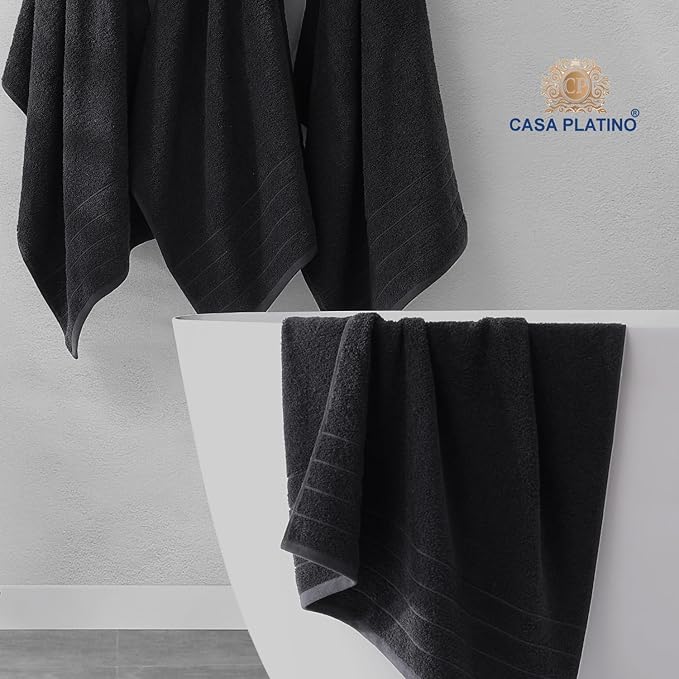 Casa Platino 100% Mercerized Cotton Luxury Bathroom Towels Set - 18 Piece - Ring Spun Technology - 6 Bath, 6 Washcloths, 6 Hand Towels - Remains Soft & Absorbent Even After Multiple Washes - Black