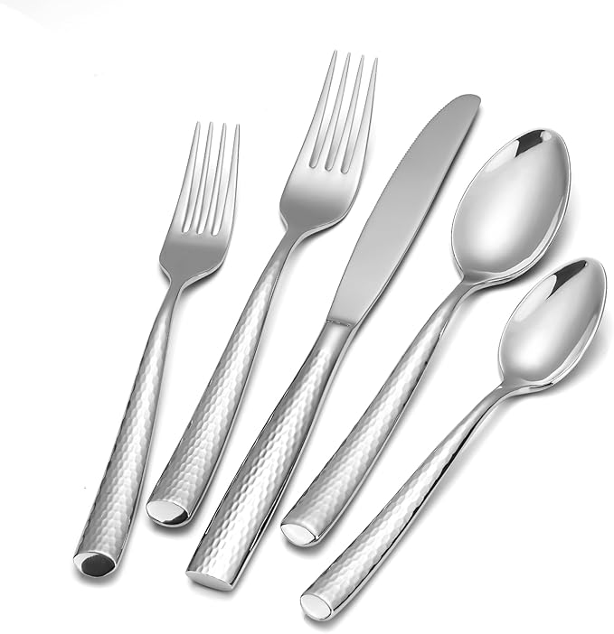 20-Piece Luxury Hammered Silverware, 18/10 High End Flatware for 4, Forged Silverware Set, Thick Handle Heavy Duty, Dishwasher Safe