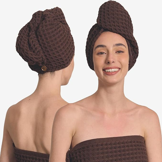 100% Organic Cotton Hair Drying Waffle Towel Wrap for Women | Absorbent & Quick Dry Head Turban for Wet Hair in Shower Sauna Spa, Extra Large for Long Straight Curly Plopping Button (Brown, 1 PACK)