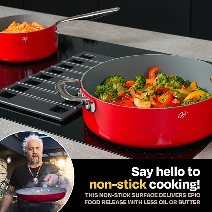 Guy Fieri's Flavortown 11-Piece Ceramic Cookware Set, Nonstick Pots and Pans for Cooking, Made without PFAS PTFE PFOA, Oven Safe, Dishwasher Safe, Easy to Clean Everyday Cookware, Red