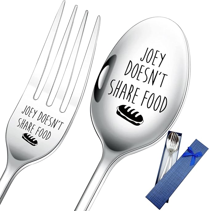 2 Pieces Joey Doesn't Share Food Funny Engraved Stainless Spoon Fork Set,Friends Tv Show Merchandise,Kitchen Dinner Spoop and Fork for Women, Men, Friends, Sister Birthday Christmas Gifts
