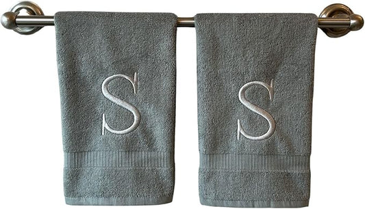 Gray Initial Hand Towel for Bathroom - Monogrammed Luxury Hotel Quality Decorative Embroidered Towel for Powder Room, Spa - GOTS Organic Certified - Set of 2 Silver Letter S