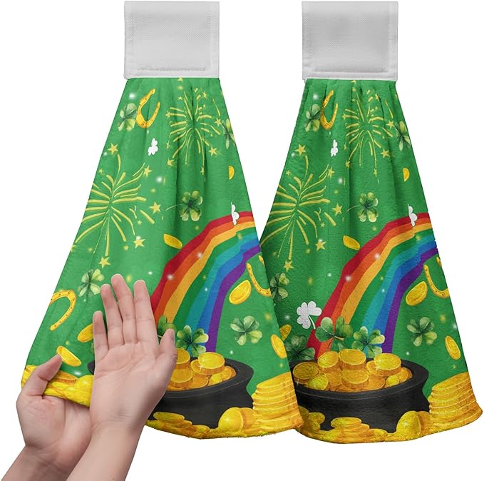 St. Patrick's Day Hanging Kitchen Towels Shamrock Lucky Rainbow Hand Towel with Loop St Patricks Day Gold Coin Dish Tea Tie Towels Soft Absorbent Green Spring Decor for Home Holiday