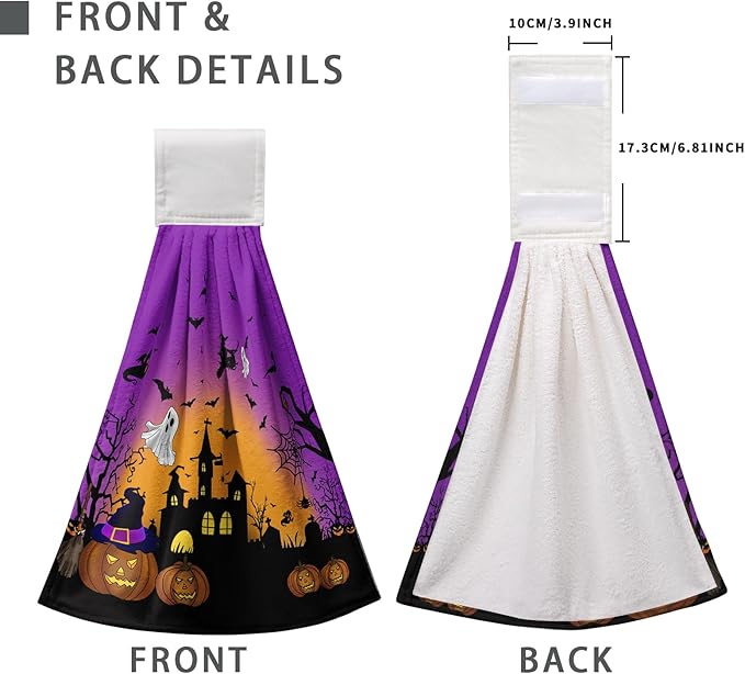 Halloween Pumpkin Hanging Kitchen Towels 2 Pcs Spooky Ghost Bat Hand Tie Towels Scary Night Dish Towel with Hanging Loop Soft Absorbent Washcloth for Bathroom Bathroom Home Decor