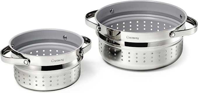 Caraway Steamer Duo - Stainless Steel Steamer with Handles - Non Stick, Non Toxic Coating - Steam Veggies, Seafood, and More - Compatible With Our Dutch Oven or Sauce Pan