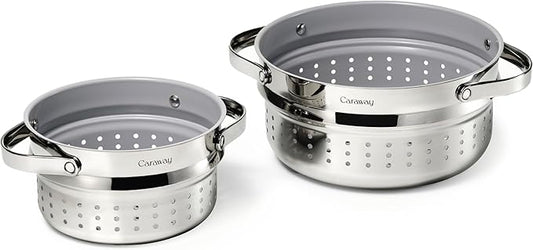 Caraway Steamer Duo - Stainless Steel Steamer with Handles - Non Stick, Non Toxic Coating - Steam Veggies, Seafood, and More - Compatible With Our Dutch Oven or Sauce Pan