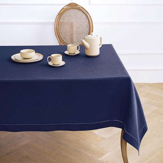 Solino Home Linen Tablecloth for Rectangle Tables 60 x 90 Inch - Classic Hemstitch 100% Pure Linen Navy Blue Table Cloth - Machine Washable Cloth Tablecloth for Winter, New Year