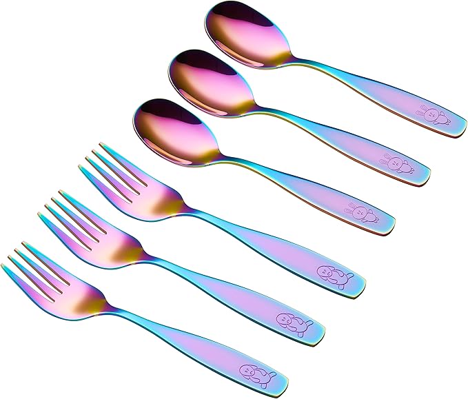 ANNOVA Kids Silverware Children's Safe Flatware Set Stainless Steel - Children Forks, Children Tablespoons, Toddler Utensils, Metal Cutlery Set for LunchBox (Rainbow, 6)