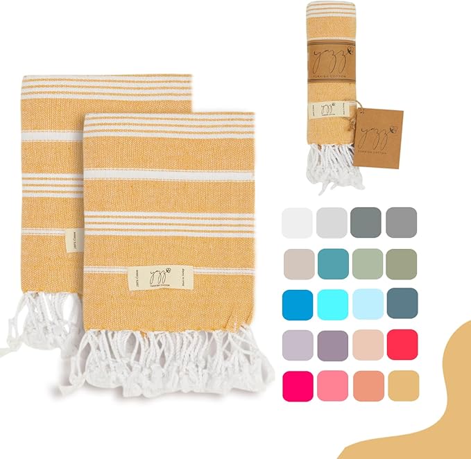 Hand Towels - Set of 2, 18" x 30" inches, Decorative Peshtemal Cotton Hand Towels for Kitchen, Bath, Guest, Face, Hair, Gym, Yoga, Dishcloth, Travel (Mustard Yellow)