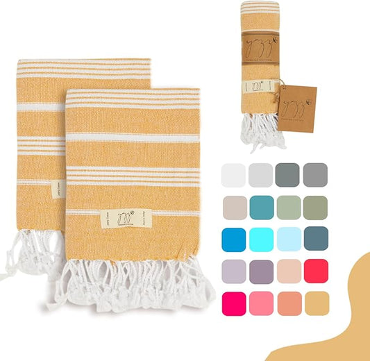 Hand Towels - Set of 2, 18" x 30" inches, Decorative Peshtemal Cotton Hand Towels for Kitchen, Bath, Guest, Face, Hair, Gym, Yoga, Dishcloth, Travel (Mustard Yellow)