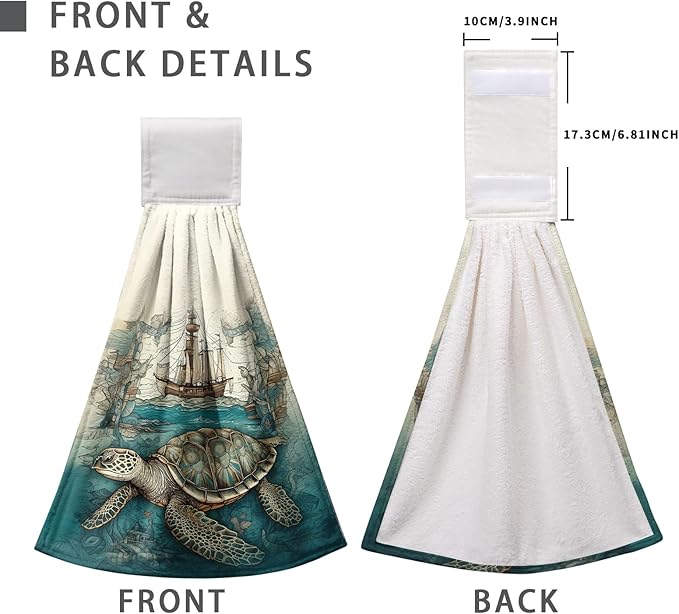 Sea Turtle Hanging Kitchen Towels Set of 2 Summer Ocean Turtle Hand Towel with Loop Coastal Tortoise Sailboats Hanging Dish Towels Absorbent Tie Towel for Bath Kitchen Home