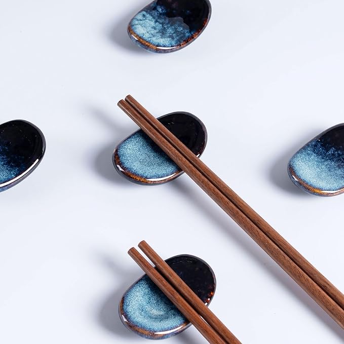 Ceramic Chopsticks Holder,Japanese Chopstick Rest,Spoon,knife & Fork Stand,Set of 8 (Starry blue)